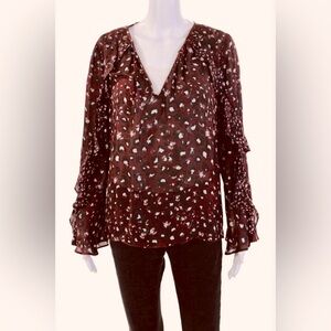 Revolve silk blend burgundy animal print top loose ruffles Parker oversized